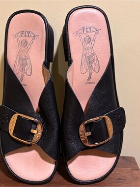 Fly London Elax Black Leather Sandal Mule Size 40